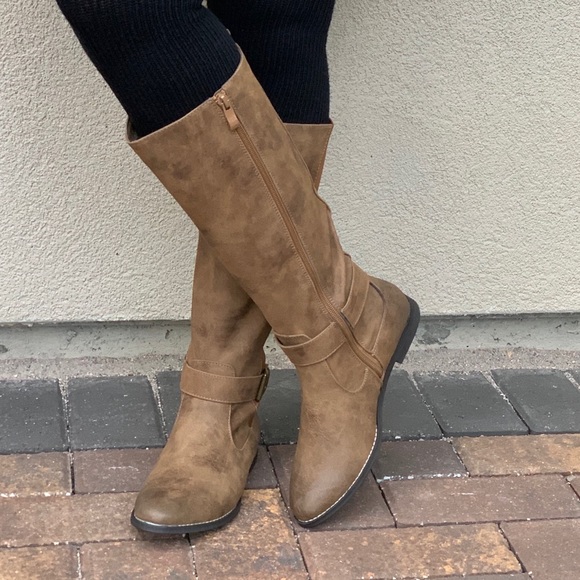 NIB Tan Burnished Toe Knee High Riding Flat Boots - Picture 7 of 7